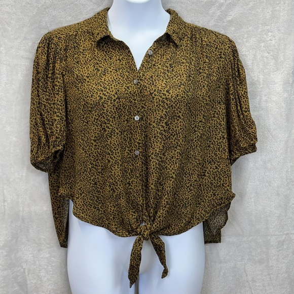 Free People Celia Blouse Womens XL Gold Leopard Cropped Tie Front Puff Sleeve - Picture 2 of 10
